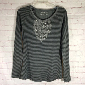 Eddie Bauer Gray Black Striped Long Sleeve Thermal Top - Size TM (Tall Medium)